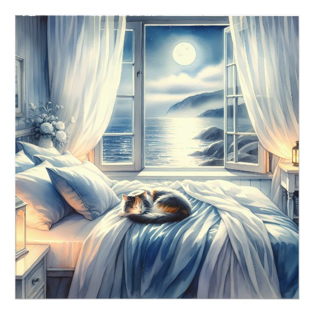Moonlit Coastal Bedroom with Sleeping Cat Fototryck (Framsidan)