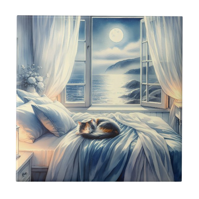 Moonlit Coastal Bedroom with Sleeping Cat Kakelplatta (Framsidan)