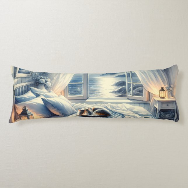 Moonlit Coastal Bedroom with Sleeping Cat Kroppskudde (Framsidan)