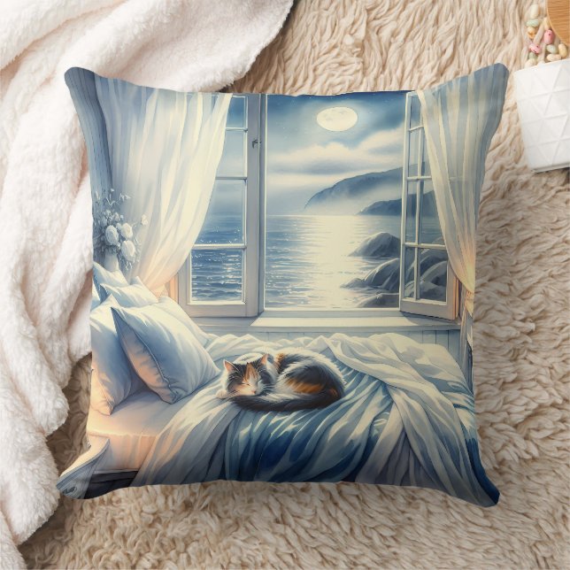 Moonlit Coastal Bedroom with Sleeping Cat Kudde (Filt)