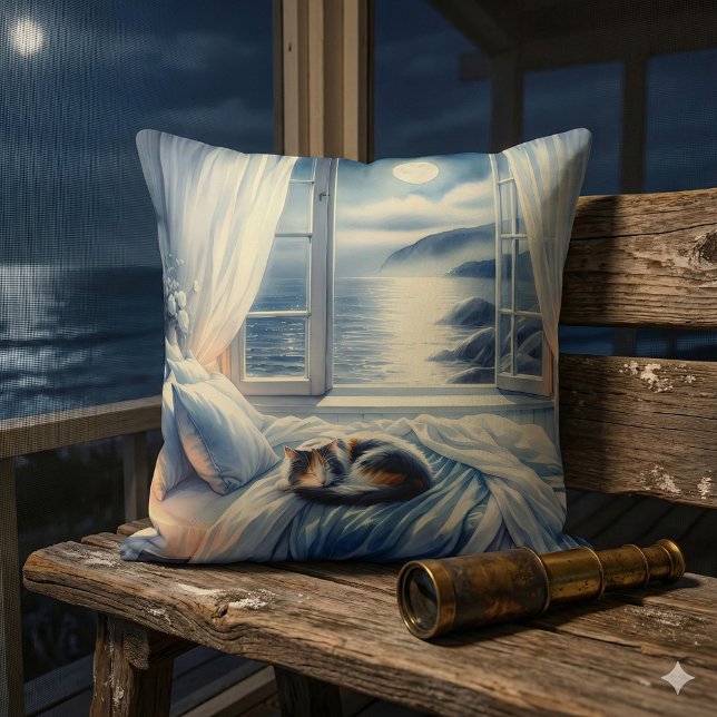 Moonlit Coastal Bedroom with Sleeping Cat Kudde (Moonlit Coastal Bedroom with Sleeping Cat Throw Pillow Mockup A)