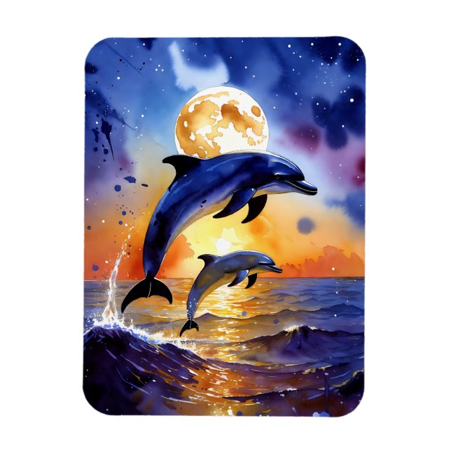 Moonlit Dolphin Dreams Over Sunset Ocean Magnet (Vertikal)