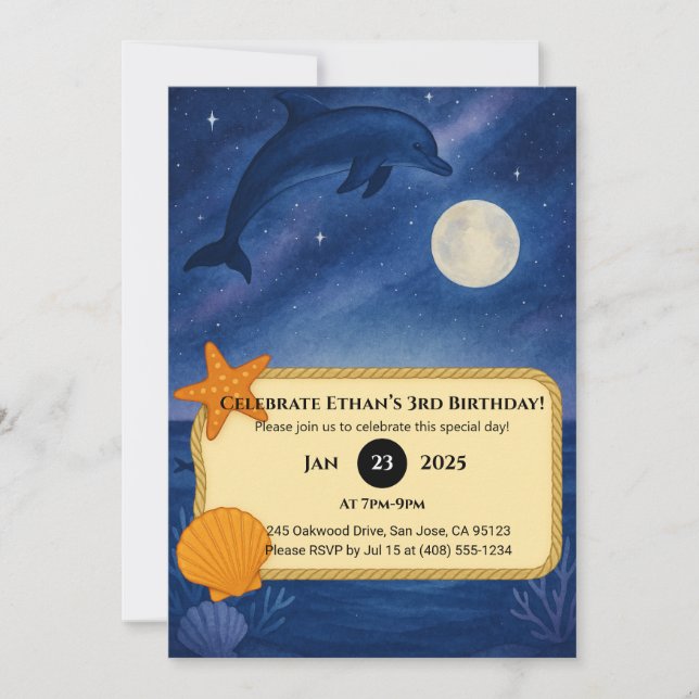 Moonlit Dolphin & Ocean Night Scene Birthday  Inbjudningar (Framsida)