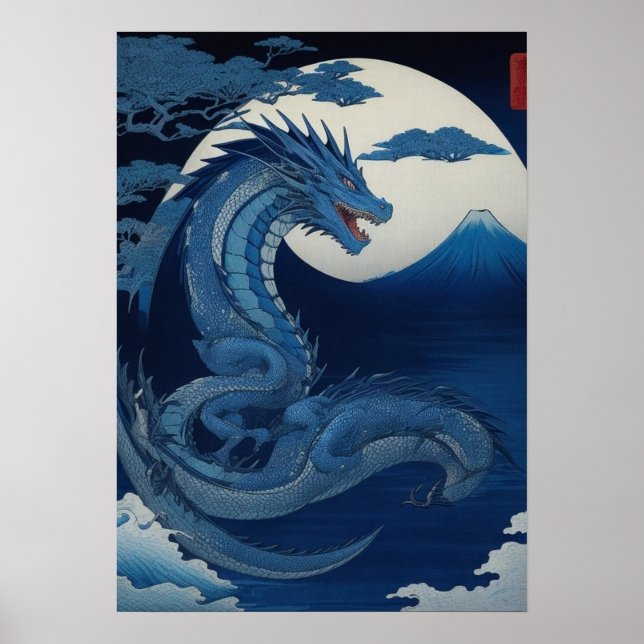 Moonlit Dragon of Fuji Wall Art Poster (Framsidan)