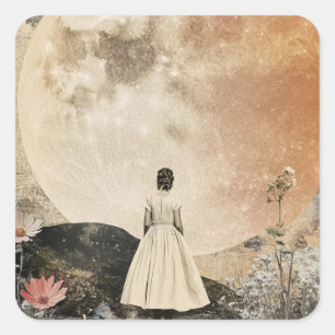 Moonlit Elegance - Bakåtvy för kvinnor med Måne 2 Fyrkantigt Klistermärke