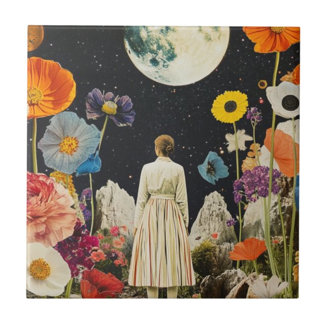 Moonlit Elegance - Bakåtvy för kvinnor med Måne 3 Kakelplatta (Framsidan)