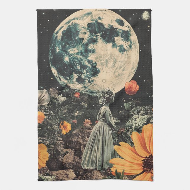 Moonlit Elegance - Kvinna med Måne (3) Kökshandduk (Vertikal)