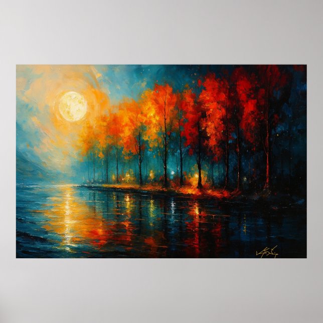 Moonlit Ember Grove Autumn Reflections Poster (Framsidan)