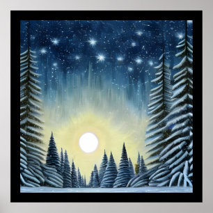 Moonlit Evergreen Snowscape under nattstjärnor Poster