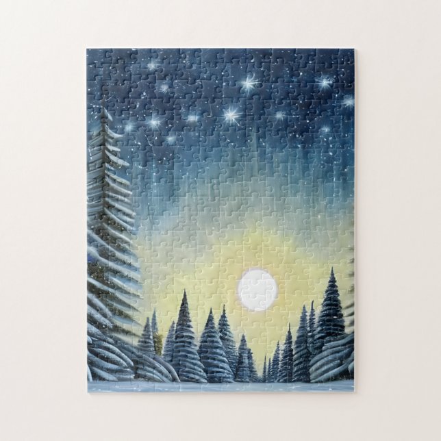 Moonlit Evergreen Snowscape under nattstjärnor Pussel (Vertikal)