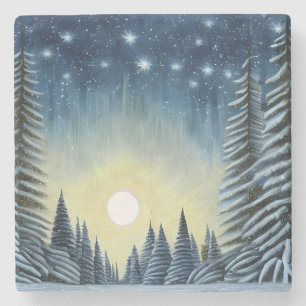 Moonlit Evergreen Snowscape under nattstjärnor Stenunderlägg
