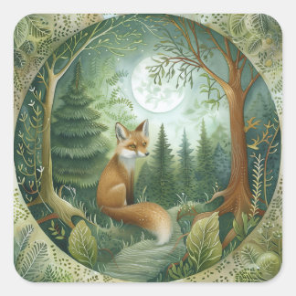 Moonlit Forest Fox Fyrkantigt Klistermärke