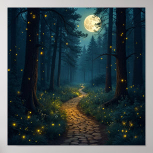 Moonlit Forest Väg med Fireflies Poster