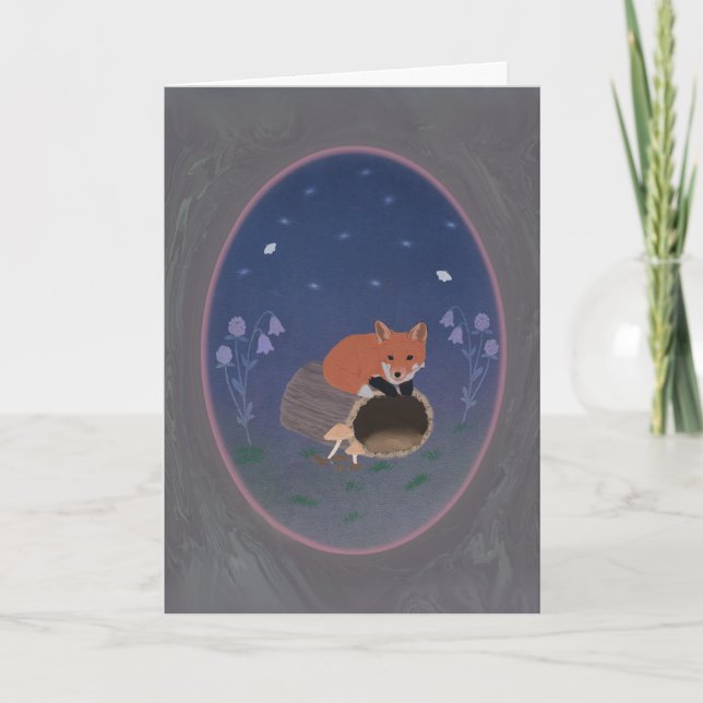 Moonlit Fox on Woodland Log 5x7 Greeting Card Kort (Framsida)