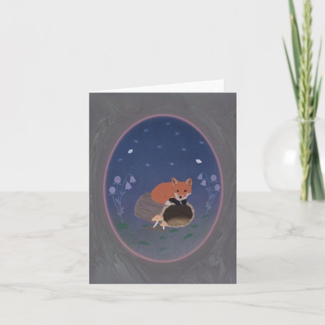 Moonlit Fox on Woodland Log Small Greeting Card Tack Kort (Framsida)