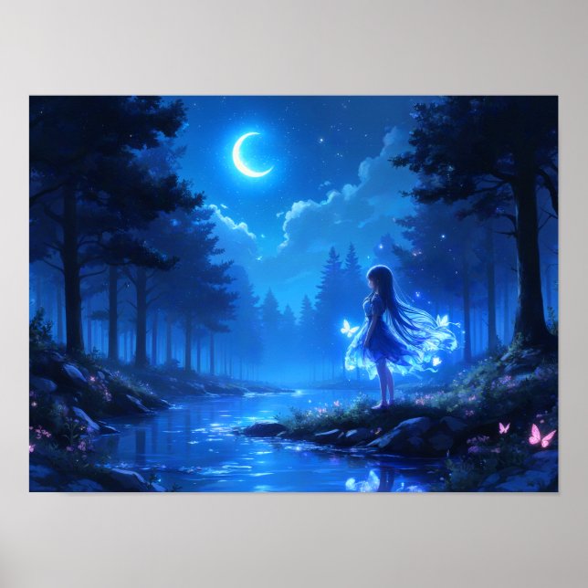 Moonlit Girl in Enchanted Forest Poster (Framsidan)