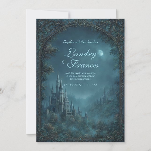 Moonlit Gothic Teal Fantasy Castle Wedding Inbjudningar (Framsida)