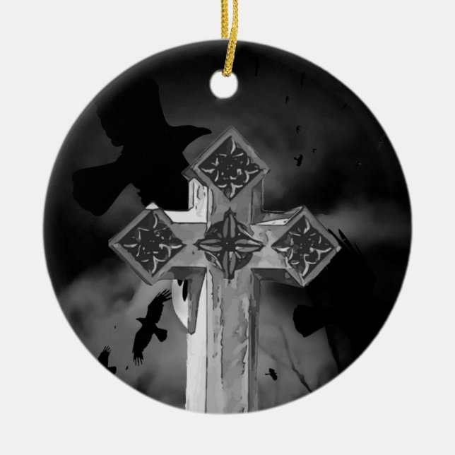 Moonlit GraveYard Gothic Kor med Kråkor Julgransprydnad Keramik (Framsidan)