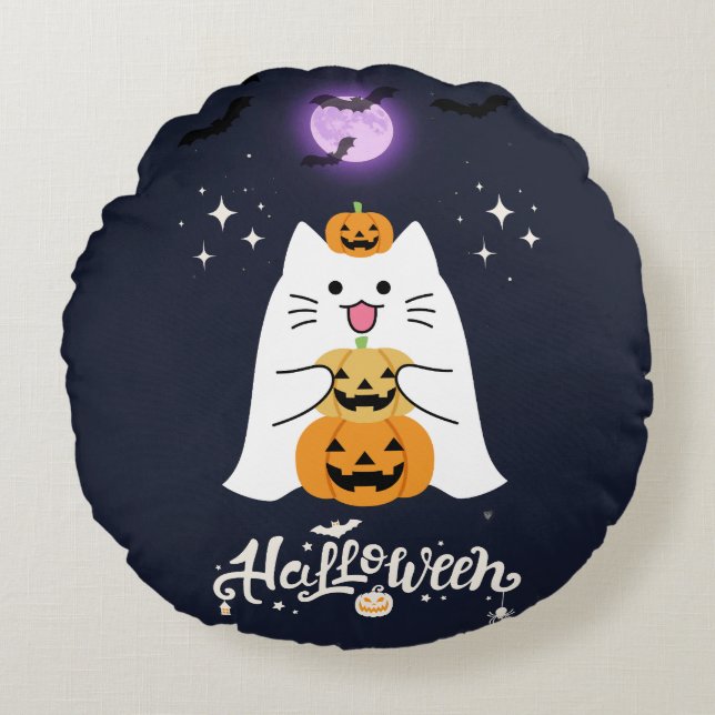 Moonlit Halloween Cat – Spooky & Sweet Night Rund Kudde (Framsidan)