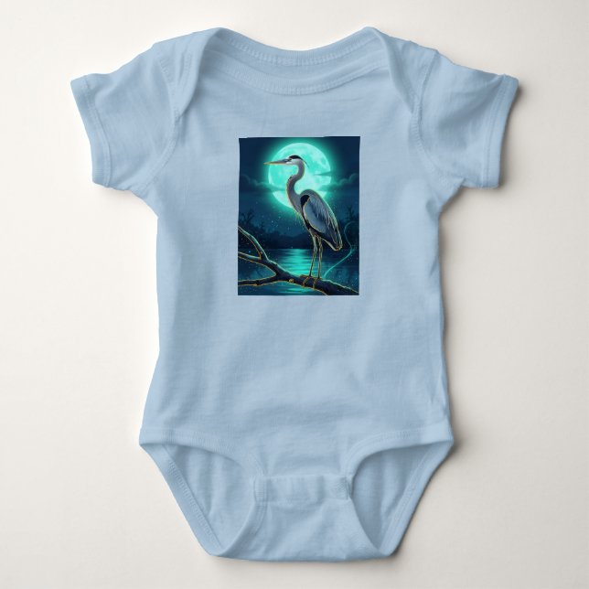 Moonlit Heron – Colourful Night Wildlife Art T Shirt (Framsida)