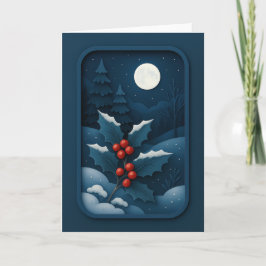 Moonlit Holly in Winter Forest Card Kort