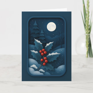 Moonlit Holly in Winter Forest Card Kort