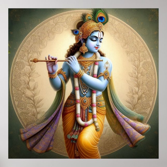 Moonlit Krishna Art: Flute Gudom, Andlig indisk Poster (Framsidan)