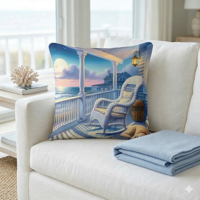Moonlit Kustporch med Hund- och havsvy Kudde (Moonlit Coastal Porch with Dog & Ocean View Throw Pillow Mockup A)