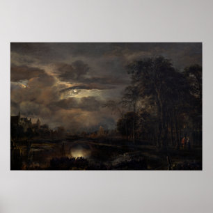 Moonlit liggande med Bridge av Aert van der Neer Poster