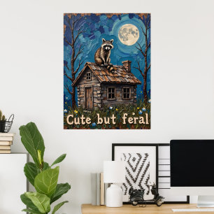 Moonlit Lookout: Raccoon on on Cabin Tak Poster