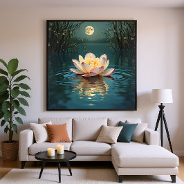 Moonlit Lotus Flower på Vatten - Tranquil Natt Perfect Poster