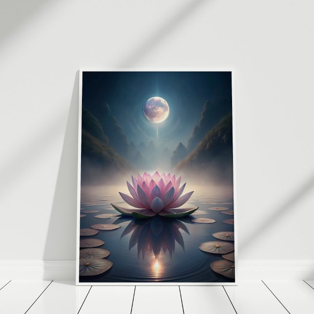 Moonlit Lotus Garden - Tranquil Lunar Reflection Poster (Moonlit Lotus Garden – Tranquil Lunar Reflection Poster in a white wooden frame)