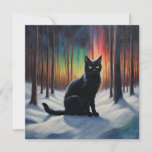 Moonlit Magic: A Black Cat in Snowy Forest Julkort
