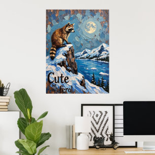 Moonlit Majesty: Raccoon over Snowy Sjö Poster