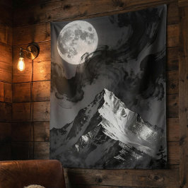 Moonlit Mountain Tapestry | Dark Ink Clouds 