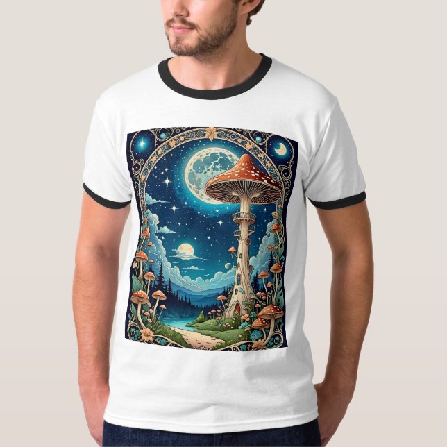 Moonlit Mushroom Forest Fantasy T-Shirt (Framsida)