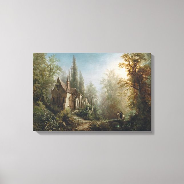 Moonlit Natten över Land Chapel and Horse Riders Canvastryck (Framsida)