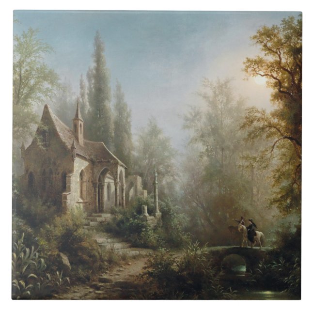Moonlit Natten över Land Chapel and Horse Riders Kakelplatta (Framsidan)
