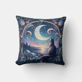 Moonlit Night Cat Fantasy Blue Art nouveau Design Kudde