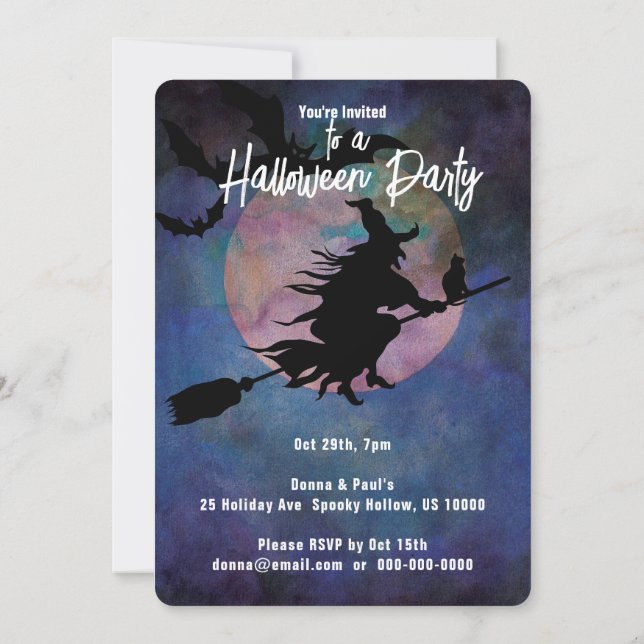 Moonlit Night med Wich, Halloween fest Inbjudningar (Baksida)
