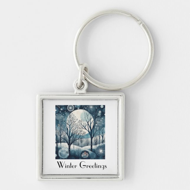 Moonlit Nordic Forest, anpassade Fyrkantig Silverfärgad Nyckelring (Framsidan)