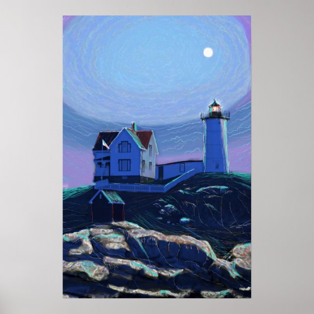 Moonlit Nubble Lighthouse Standard Premium Canvas Poster (Framsidan)