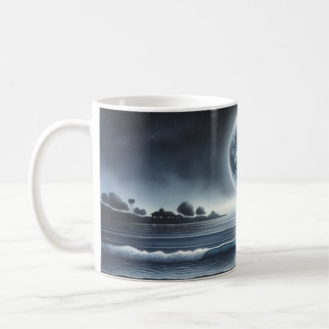 Moonlit Ocean Waves Celestial Night Sky Kaffemugg (Vänster)