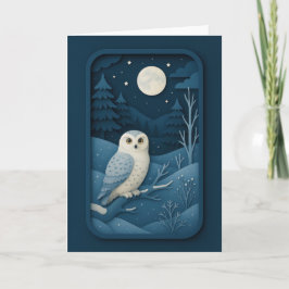 Moonlit Owl in Snowy Forest Card Kort