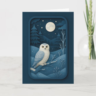 Moonlit Owl in Snowy Forest Card Kort