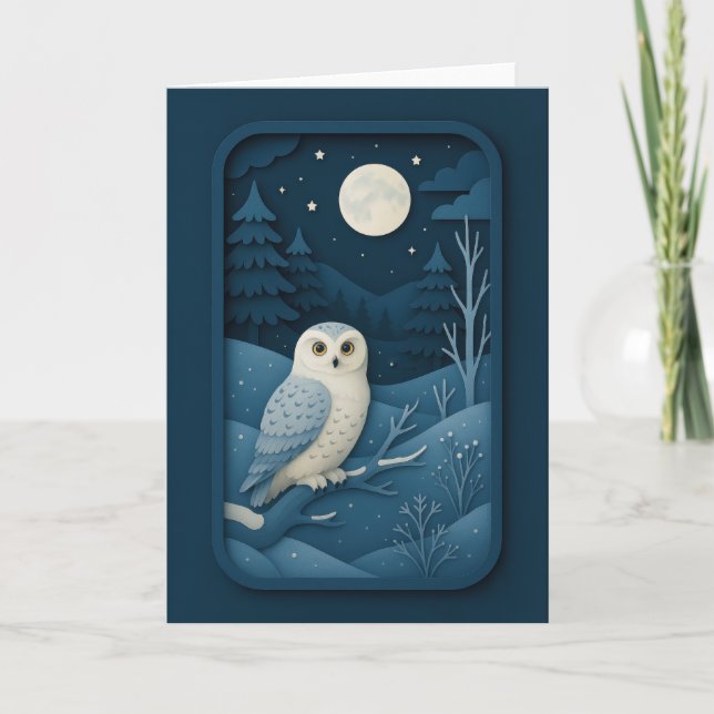 Moonlit Owl in Snowy Forest Card Kort (Framsida)