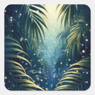 Moonlit palm leaves with fireflies, watercolor art fyrkantigt klistermärke
