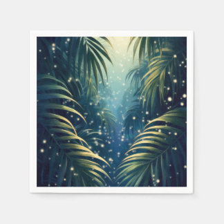 Moonlit palm leaves with fireflies, watercolor art pappersservett