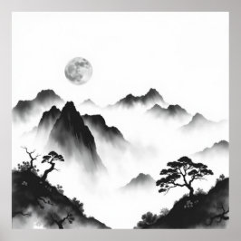 Moonlit Peaks: Full Moon and Mountain Charcol Art Poster