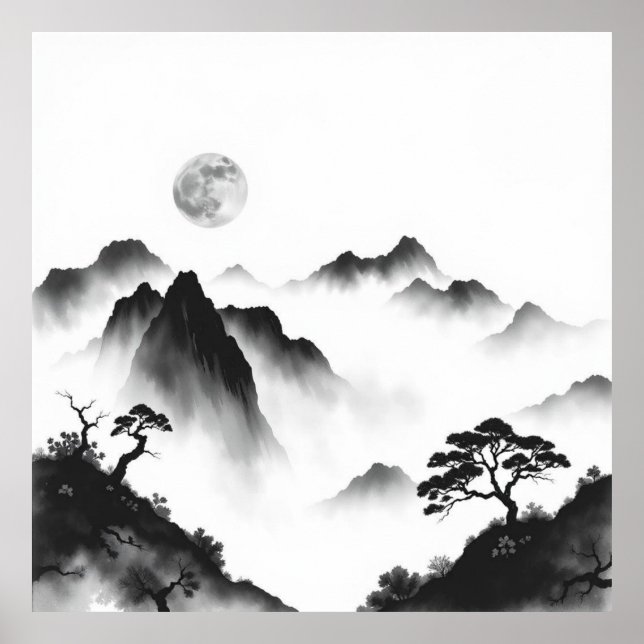 Moonlit Peaks: Full Moon and Mountain Charcol Art Poster (Framsidan)